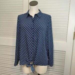 Susan Graver Blouse Womens size 10 Polka Dot Tie Front  Navy Blue White Classic